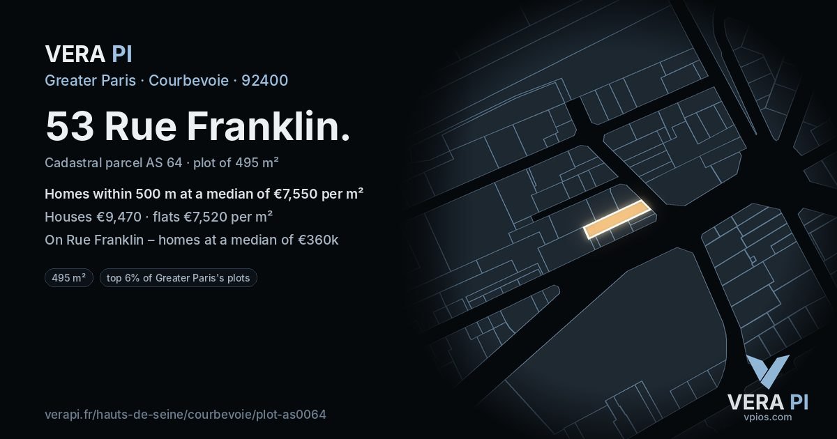 53 Rue Franklin, Courbevoie at night – the plot lit, the parcels around coloured by the prices near them