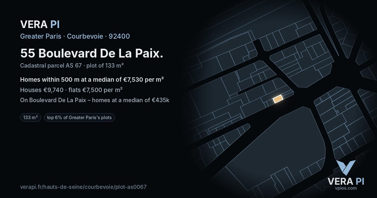 55 Boulevard De La Paix, Courbevoie at night – the plot lit, the parcels around coloured by the prices near them