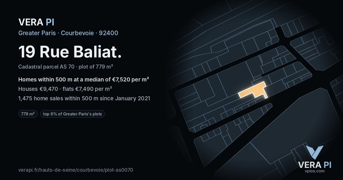 19 Rue Baliat, Courbevoie at night – the plot lit, the parcels around coloured by the prices near them