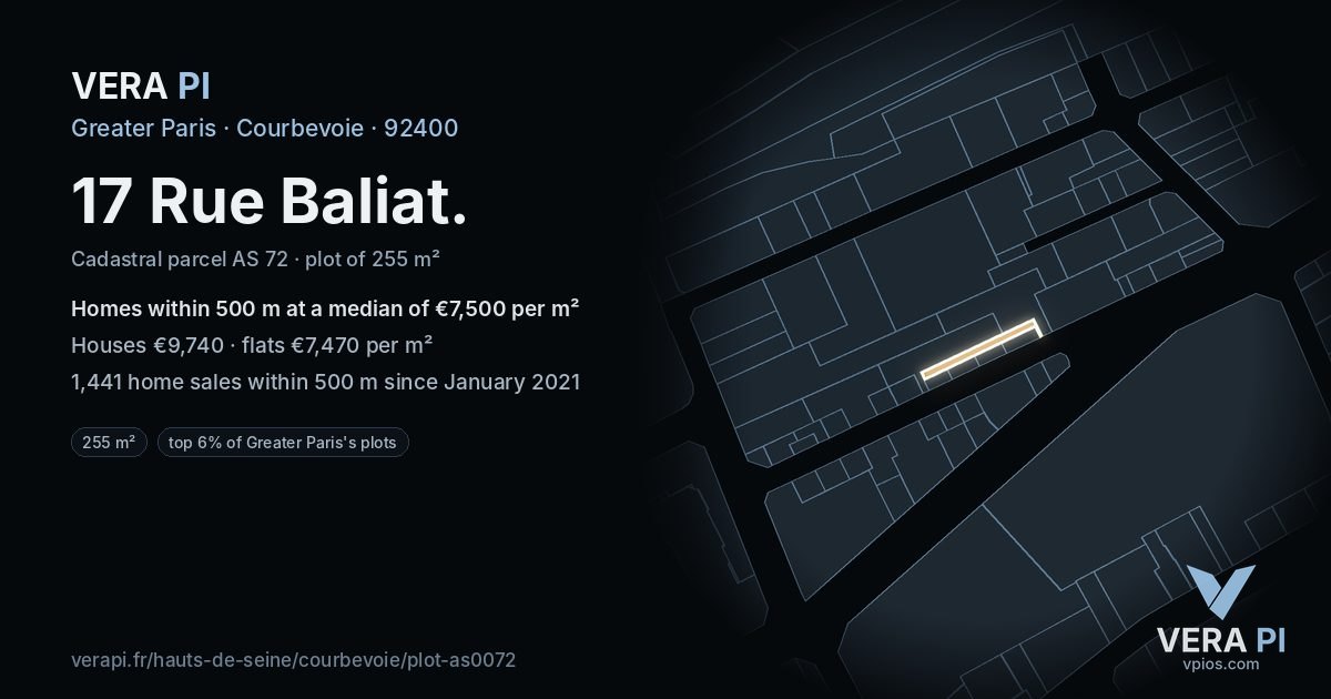 17 Rue Baliat, Courbevoie at night – the plot lit, the parcels around coloured by the prices near them