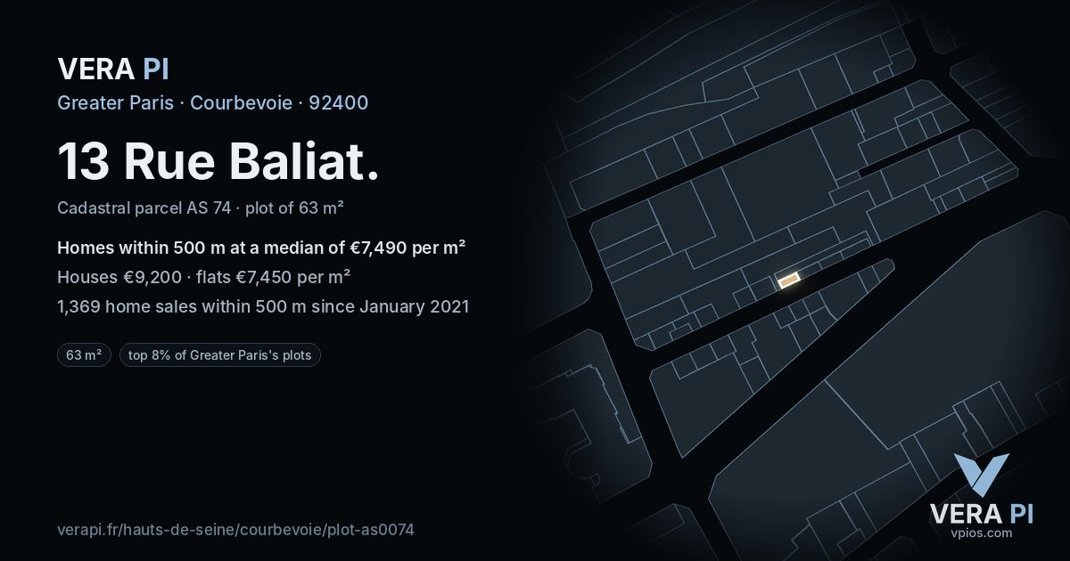 13 Rue Baliat, Courbevoie at night – the plot lit, the parcels around coloured by the prices near them