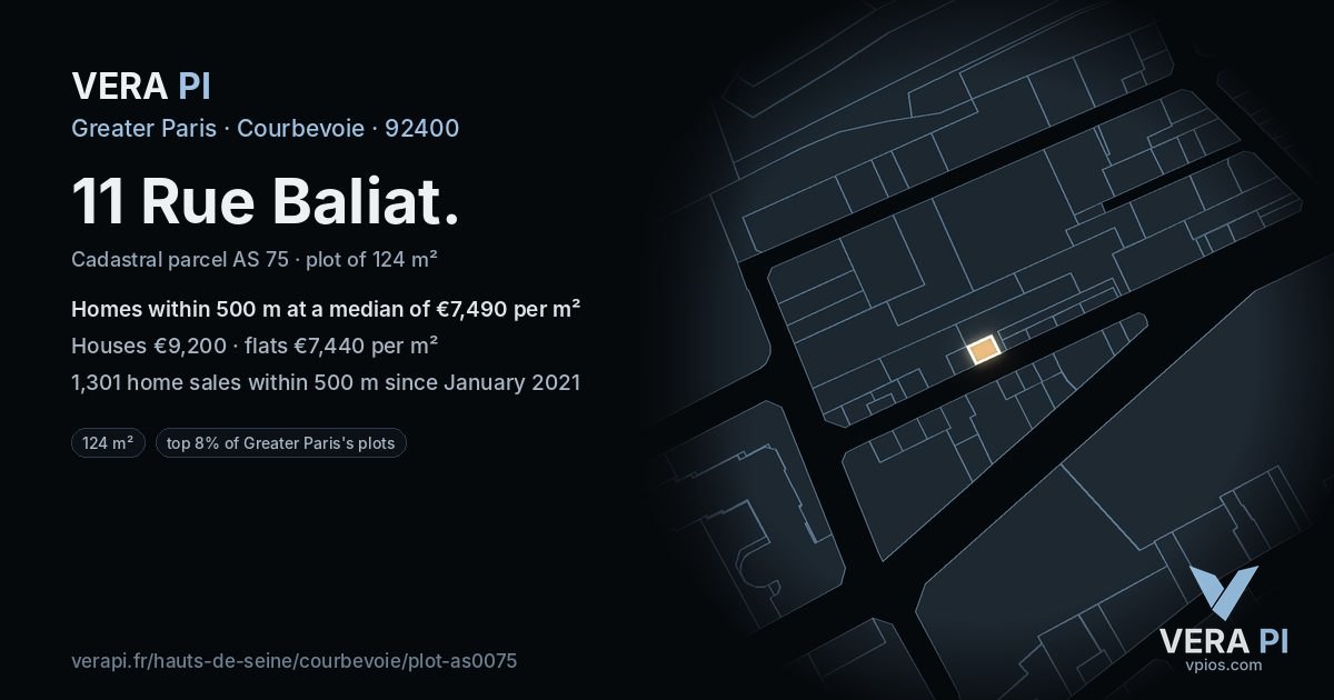 11 Rue Baliat, Courbevoie at night – the plot lit, the parcels around coloured by the prices near them