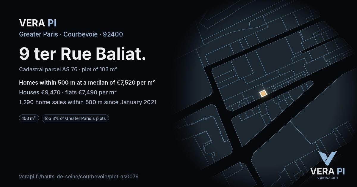 9 ter Rue Baliat, Courbevoie at night – the plot lit, the parcels around coloured by the prices near them