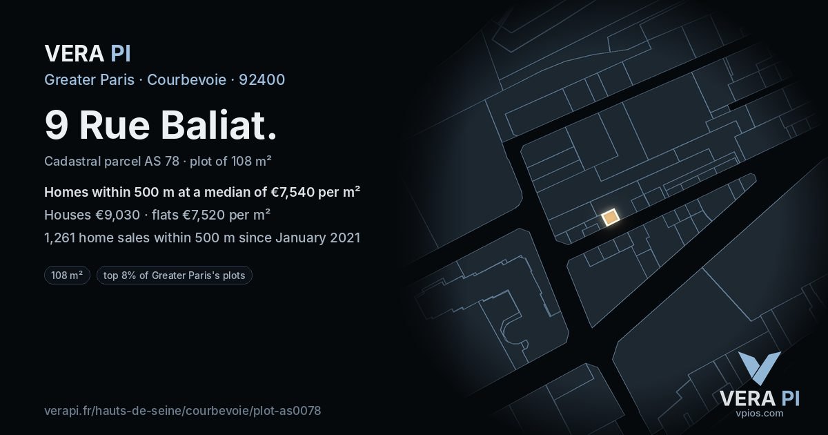 9 Rue Baliat, Courbevoie at night – the plot lit, the parcels around coloured by the prices near them