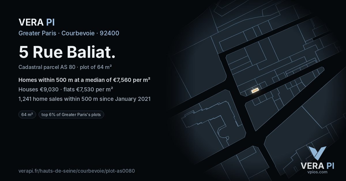 5 Rue Baliat, Courbevoie at night – the plot lit, the parcels around coloured by the prices near them