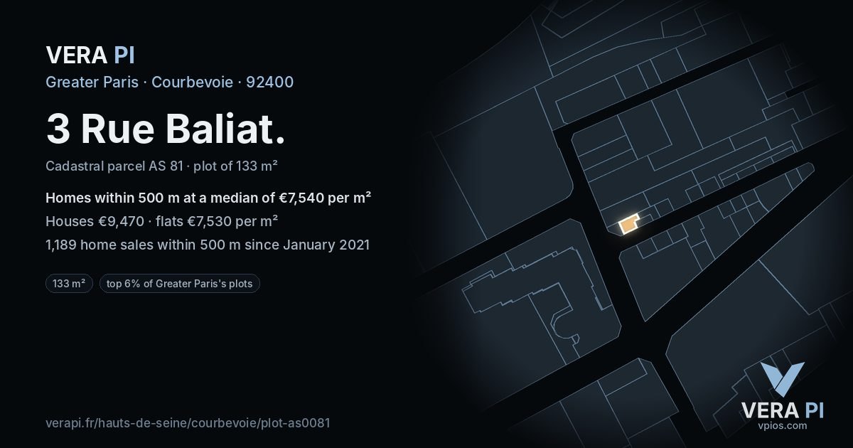 3 Rue Baliat, Courbevoie at night – the plot lit, the parcels around coloured by the prices near them
