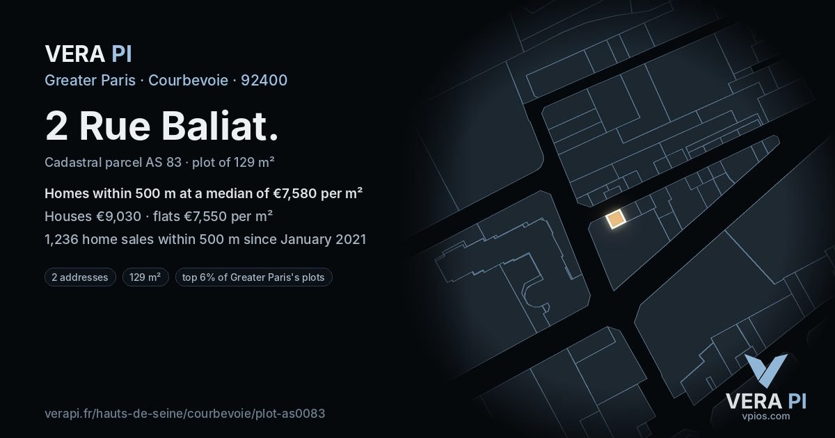 2 Rue Baliat, Courbevoie at night – the plot lit, the parcels around coloured by the prices near them
