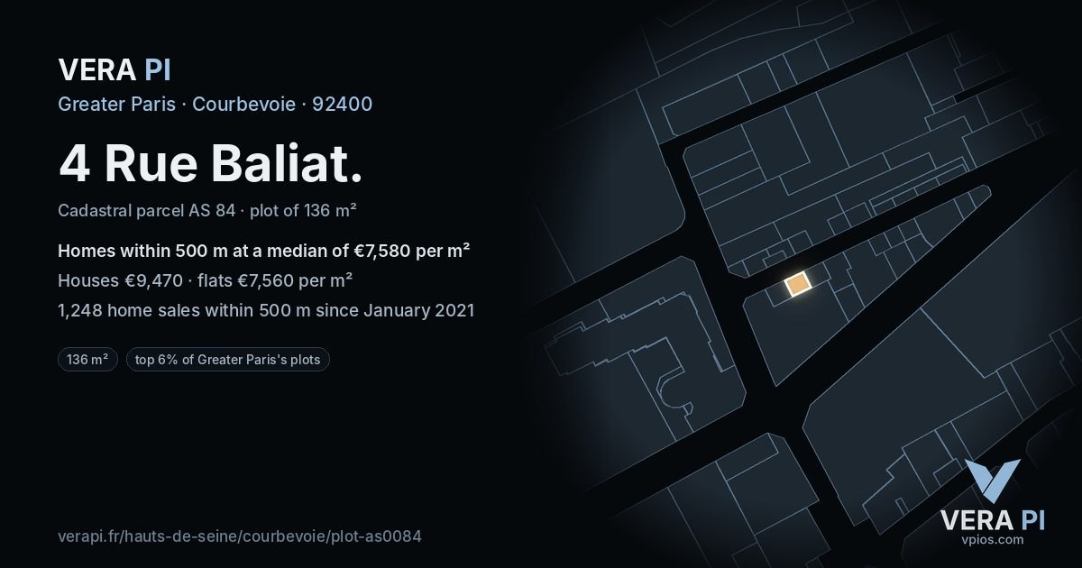 4 Rue Baliat, Courbevoie at night – the plot lit, the parcels around coloured by the prices near them