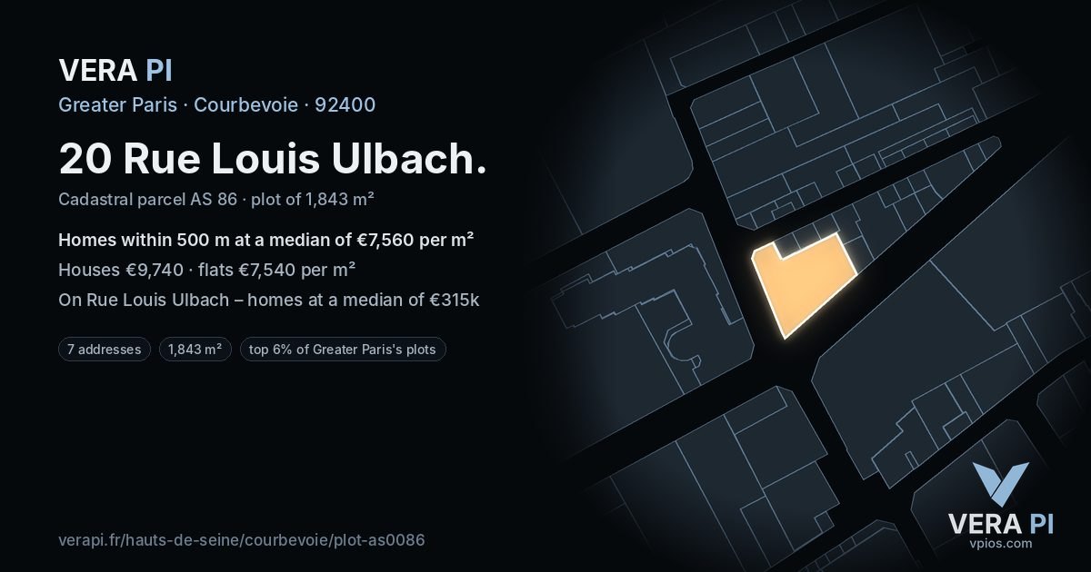 20 Rue Louis Ulbach, Courbevoie at night – the plot lit, the parcels around coloured by the prices near them