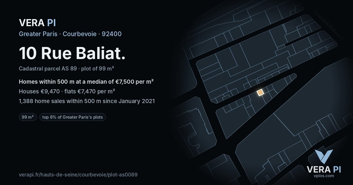 10 Rue Baliat, Courbevoie at night – the plot lit, the parcels around coloured by the prices near them