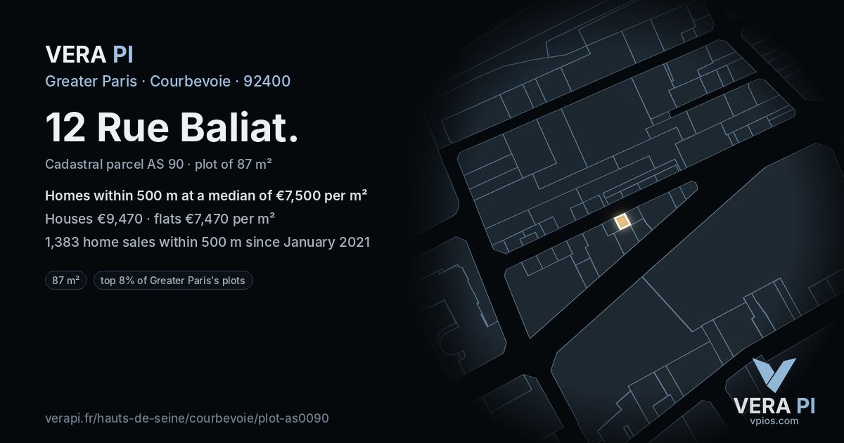 12 Rue Baliat, Courbevoie at night – the plot lit, the parcels around coloured by the prices near them