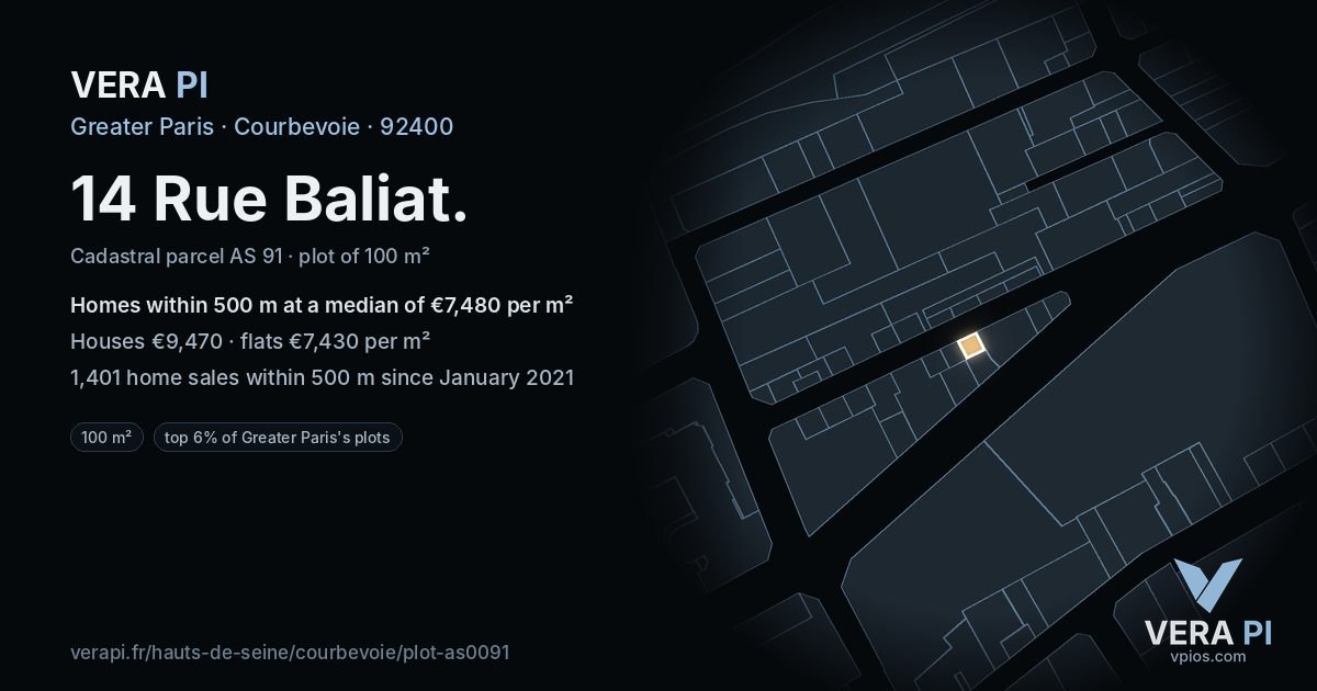 14 Rue Baliat, Courbevoie at night – the plot lit, the parcels around coloured by the prices near them