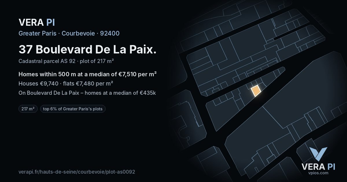 37 Boulevard De La Paix, Courbevoie at night – the plot lit, the parcels around coloured by the prices near them
