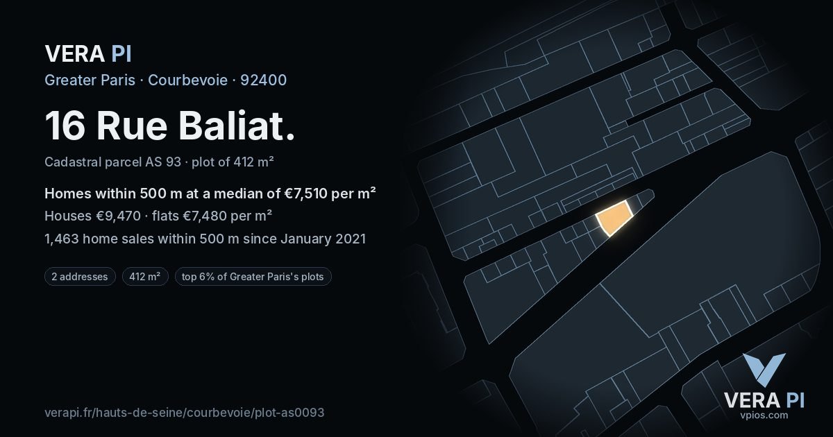 16 Rue Baliat, Courbevoie at night – the plot lit, the parcels around coloured by the prices near them