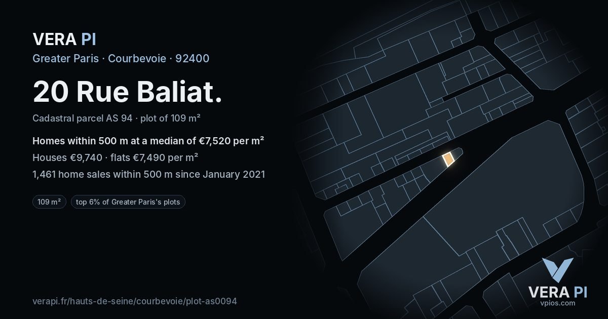 20 Rue Baliat, Courbevoie at night – the plot lit, the parcels around coloured by the prices near them