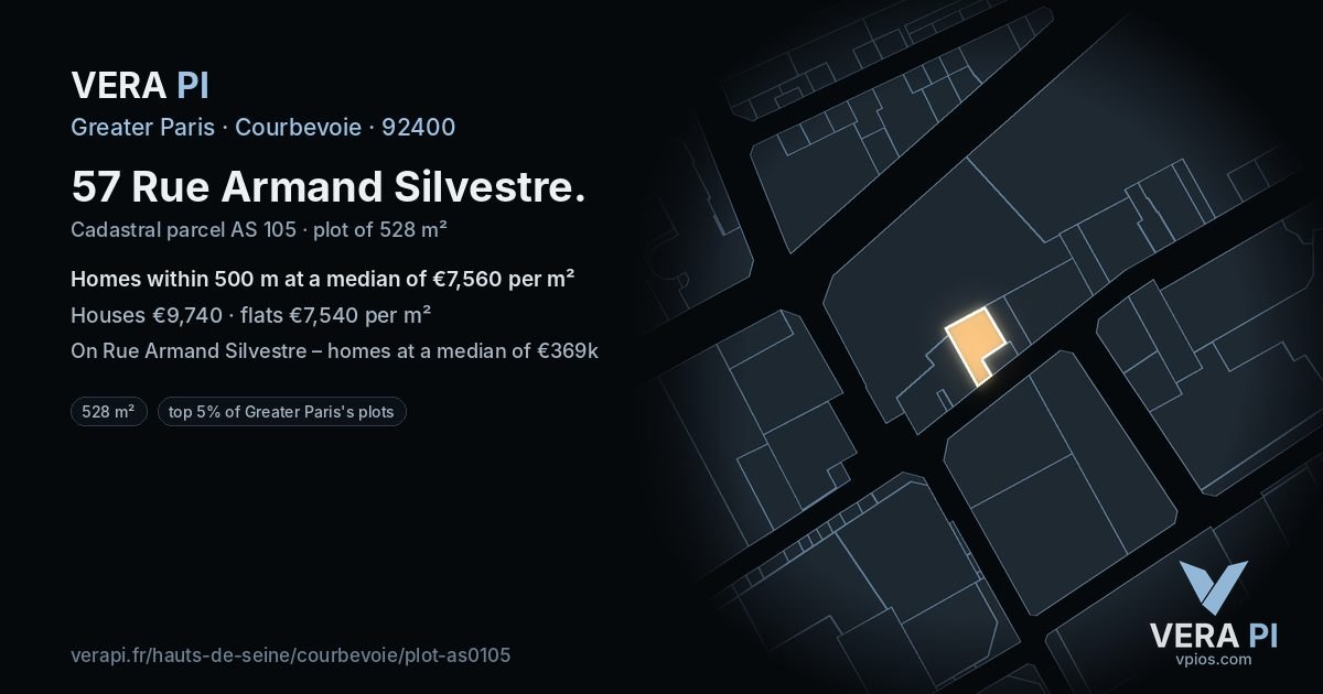 57 Rue Armand Silvestre, Courbevoie at night – the plot lit, the parcels around coloured by the prices near them