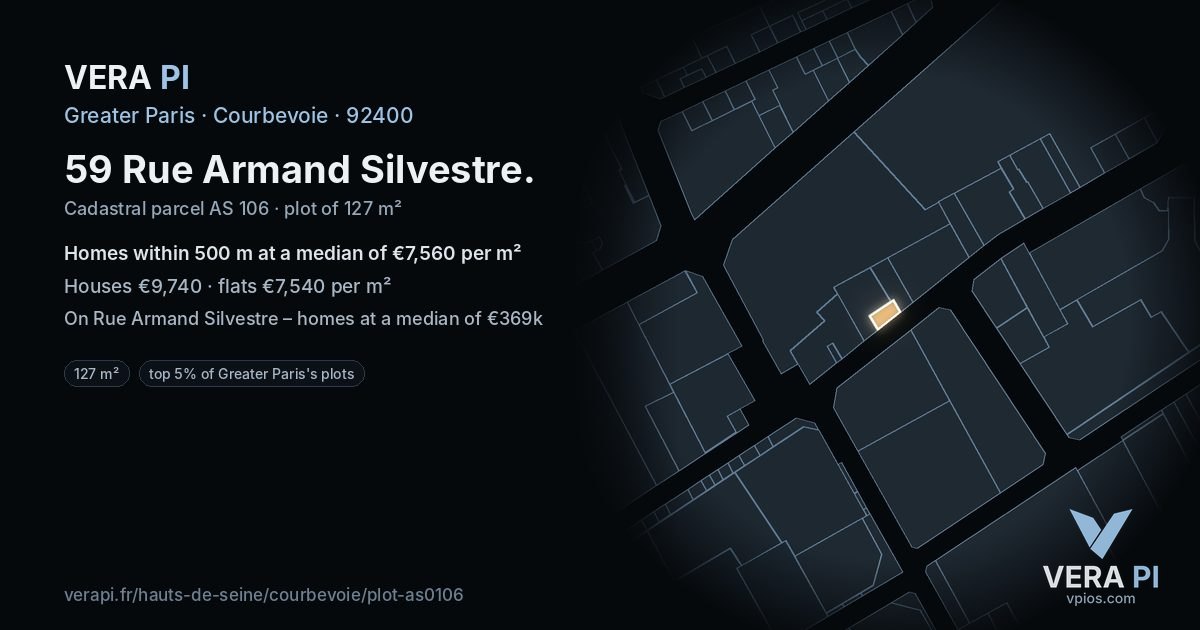 59 Rue Armand Silvestre, Courbevoie at night – the plot lit, the parcels around coloured by the prices near them