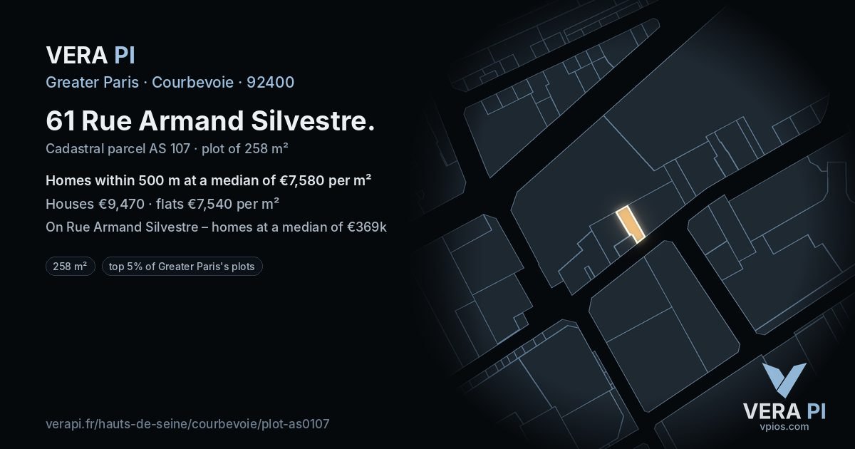 61 Rue Armand Silvestre, Courbevoie at night – the plot lit, the parcels around coloured by the prices near them