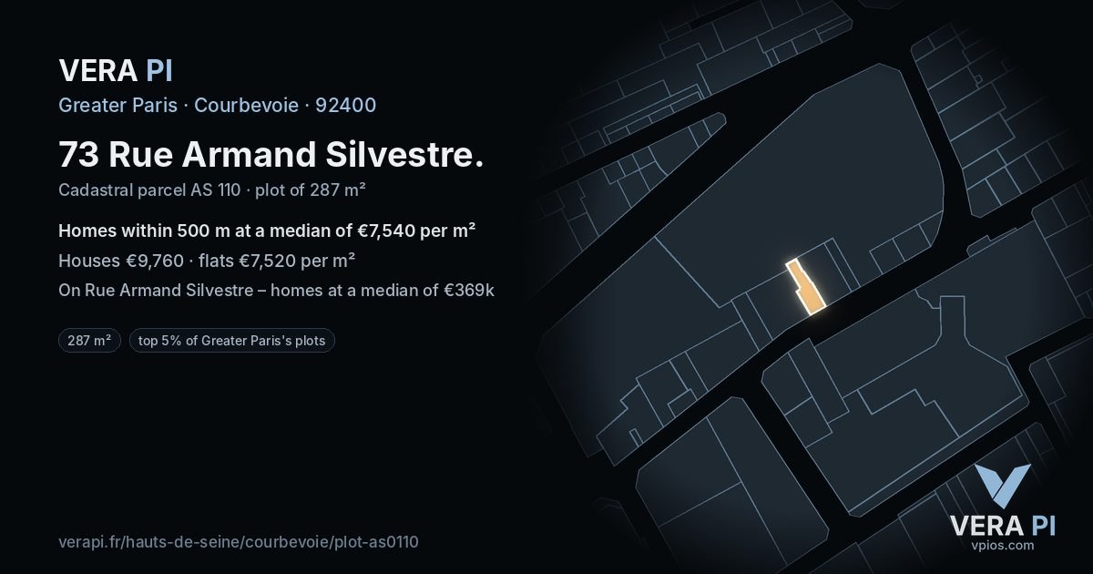73 Rue Armand Silvestre, Courbevoie at night – the plot lit, the parcels around coloured by the prices near them