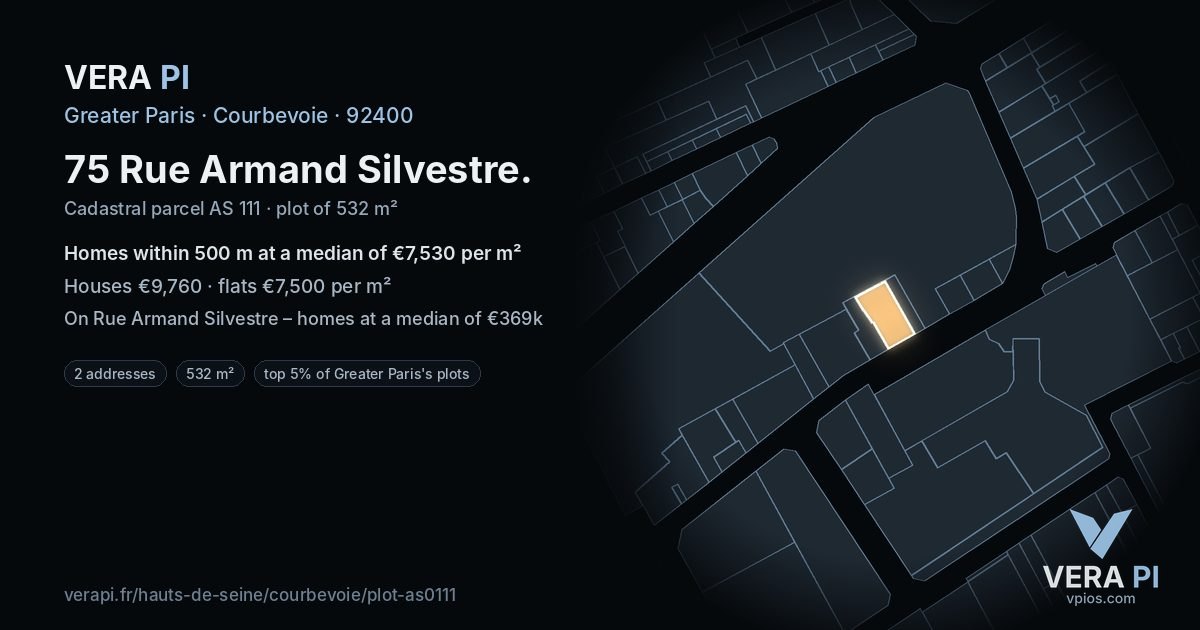 75 Rue Armand Silvestre, Courbevoie at night – the plot lit, the parcels around coloured by the prices near them