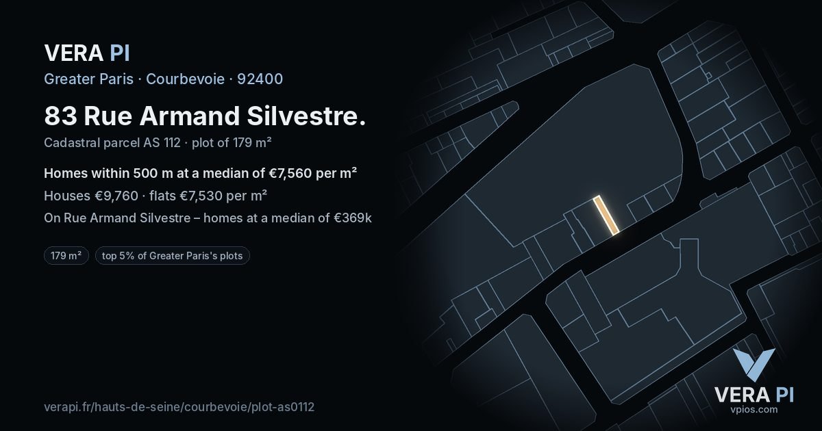 83 Rue Armand Silvestre, Courbevoie at night – the plot lit, the parcels around coloured by the prices near them