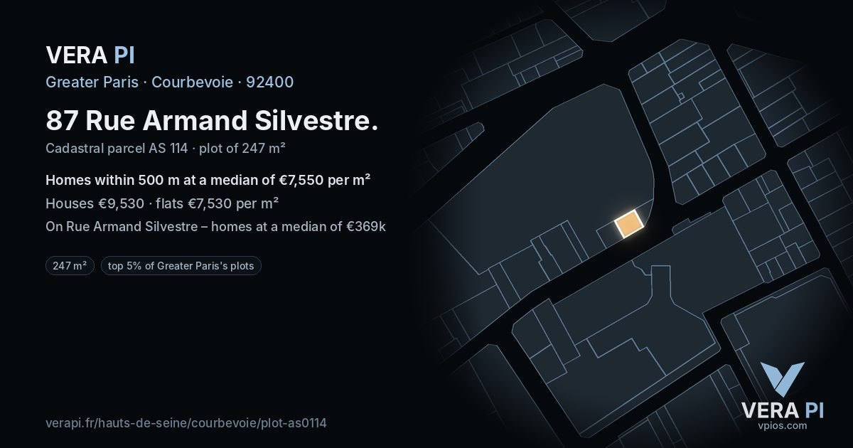 87 Rue Armand Silvestre, Courbevoie at night – the plot lit, the parcels around coloured by the prices near them