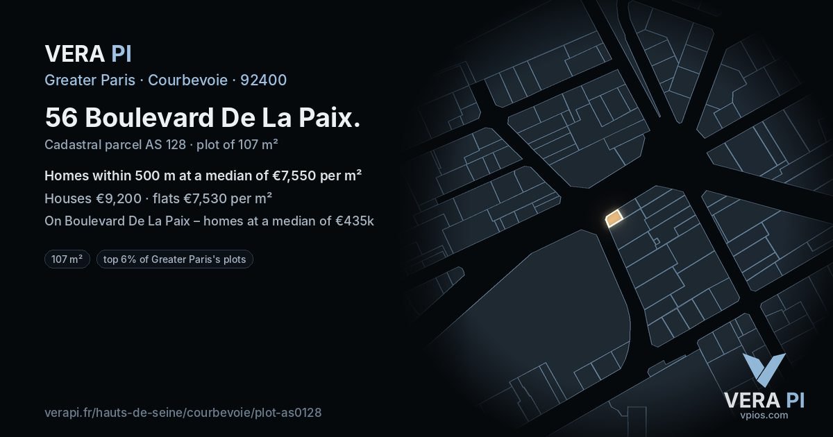 56 Boulevard De La Paix, Courbevoie at night – the plot lit, the parcels around coloured by the prices near them