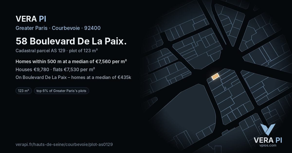 58 Boulevard De La Paix, Courbevoie at night – the plot lit, the parcels around coloured by the prices near them