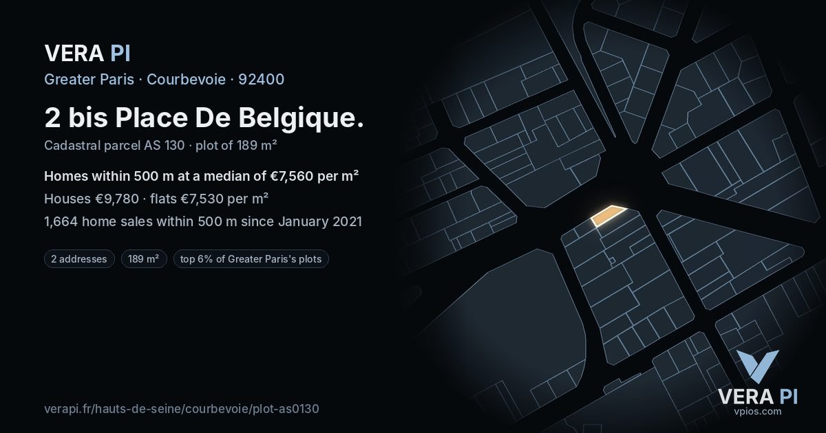 2 bis Place De Belgique, Courbevoie at night – the plot lit, the parcels around coloured by the prices near them