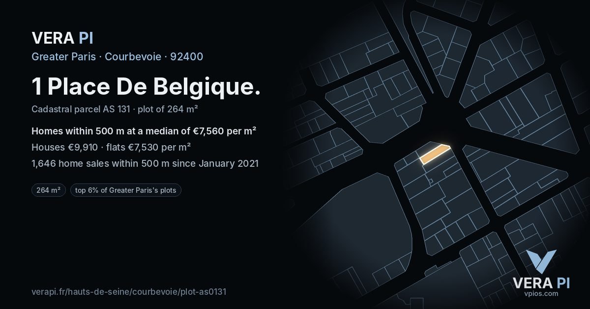 1 Place De Belgique, Courbevoie at night – the plot lit, the parcels around coloured by the prices near them
