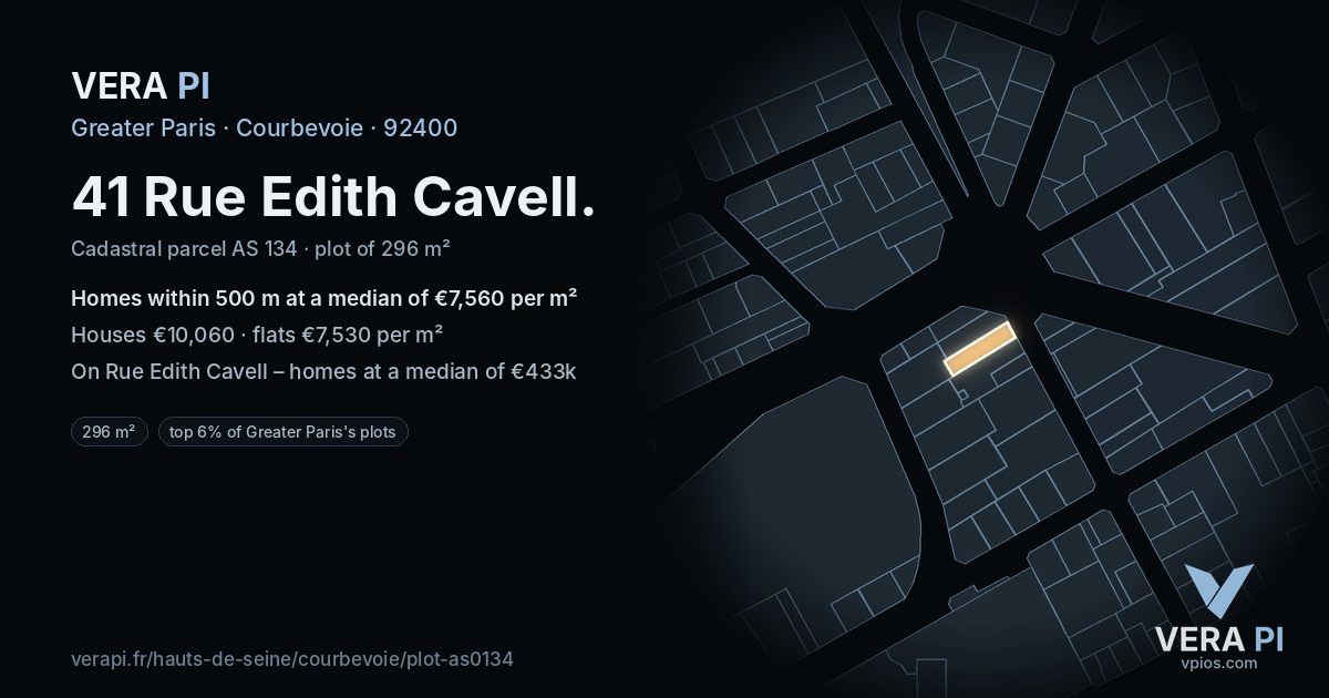 41 Rue Edith Cavell, Courbevoie at night – the plot lit, the parcels around coloured by the prices near them