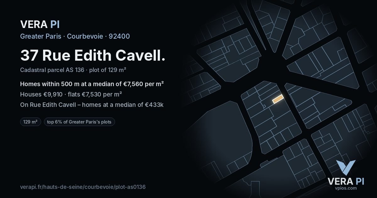 37 Rue Edith Cavell, Courbevoie at night – the plot lit, the parcels around coloured by the prices near them