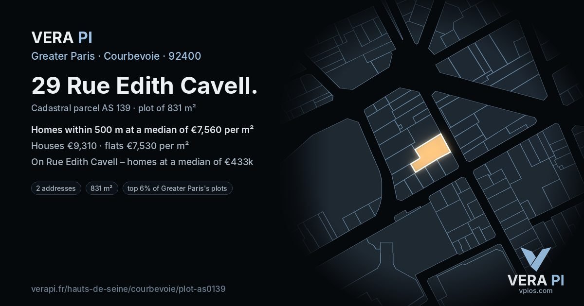 29 Rue Edith Cavell, Courbevoie at night – the plot lit, the parcels around coloured by the prices near them