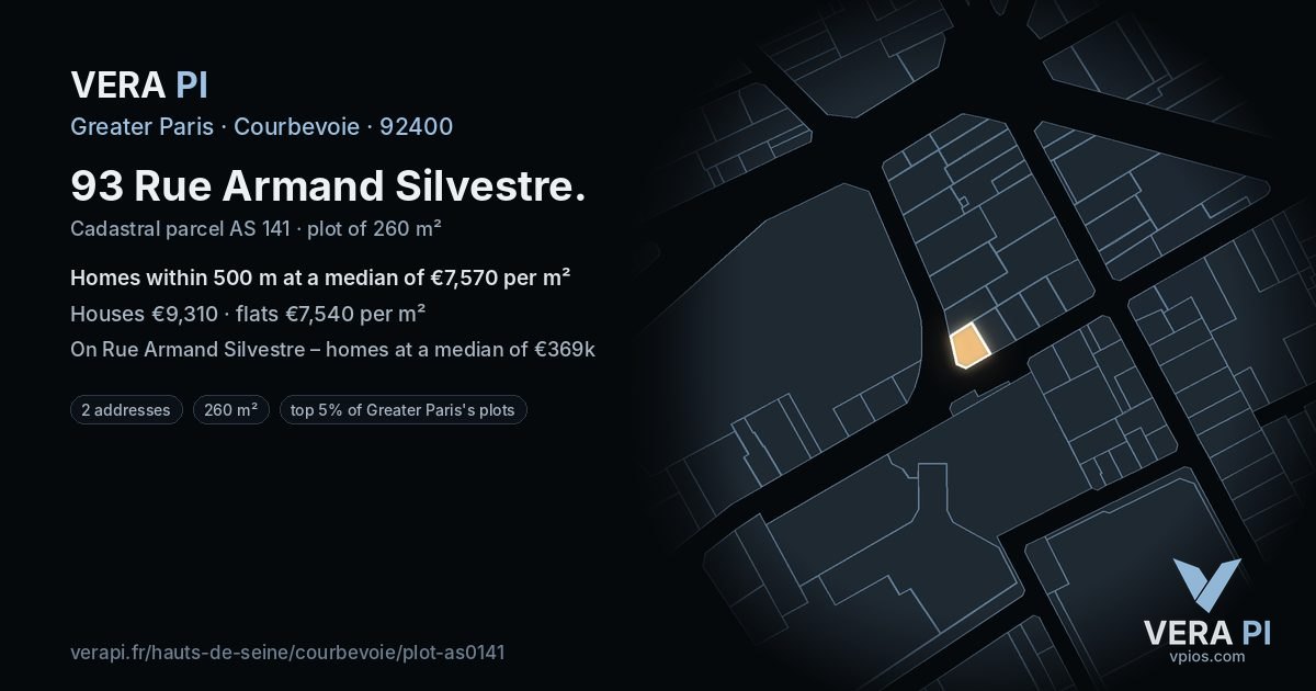 93 Rue Armand Silvestre, Courbevoie at night – the plot lit, the parcels around coloured by the prices near them