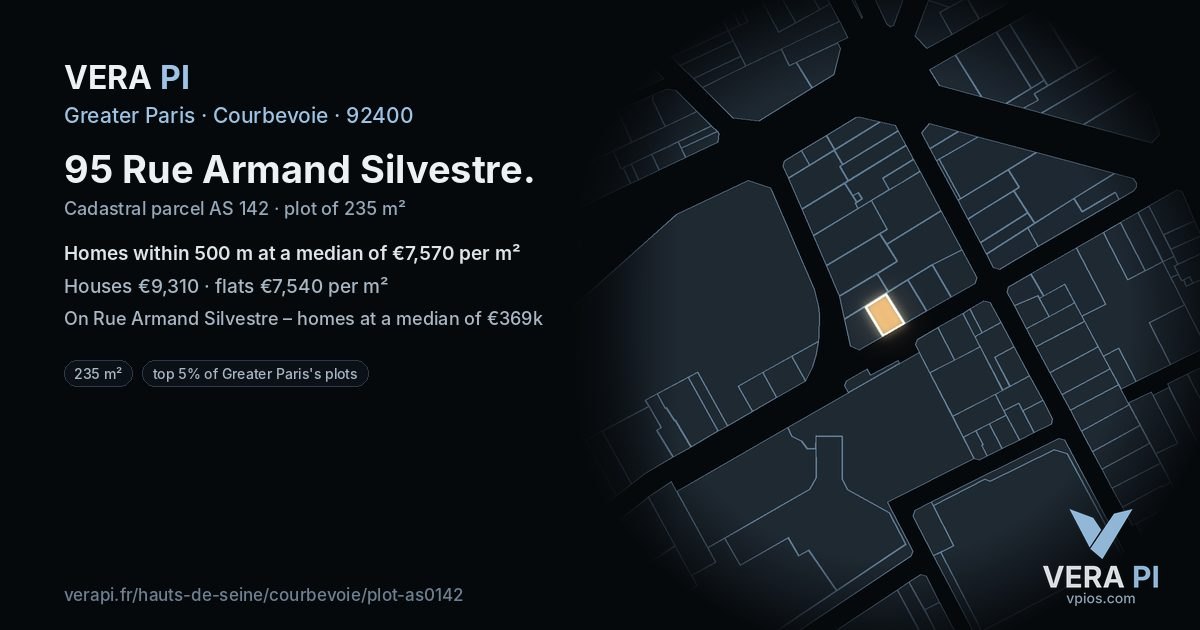 95 Rue Armand Silvestre, Courbevoie at night – the plot lit, the parcels around coloured by the prices near them