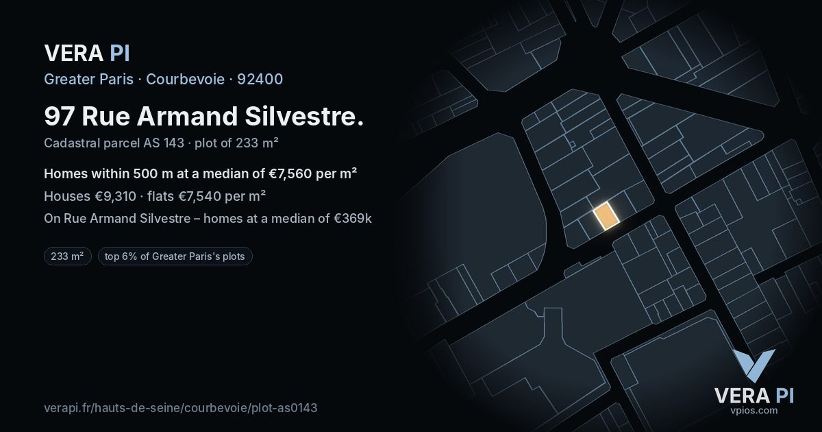 97 Rue Armand Silvestre, Courbevoie at night – the plot lit, the parcels around coloured by the prices near them