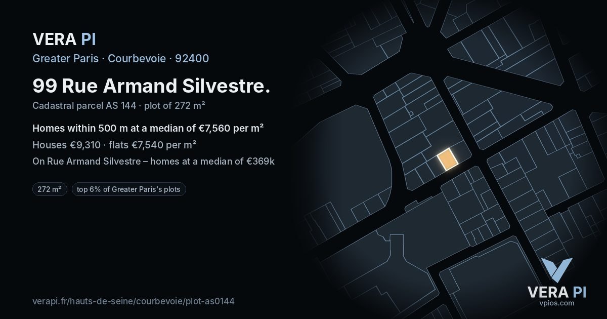 99 Rue Armand Silvestre, Courbevoie at night – the plot lit, the parcels around coloured by the prices near them
