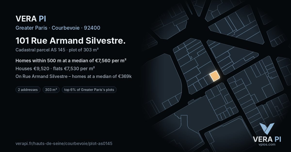 101 Rue Armand Silvestre, Courbevoie at night – the plot lit, the parcels around coloured by the prices near them