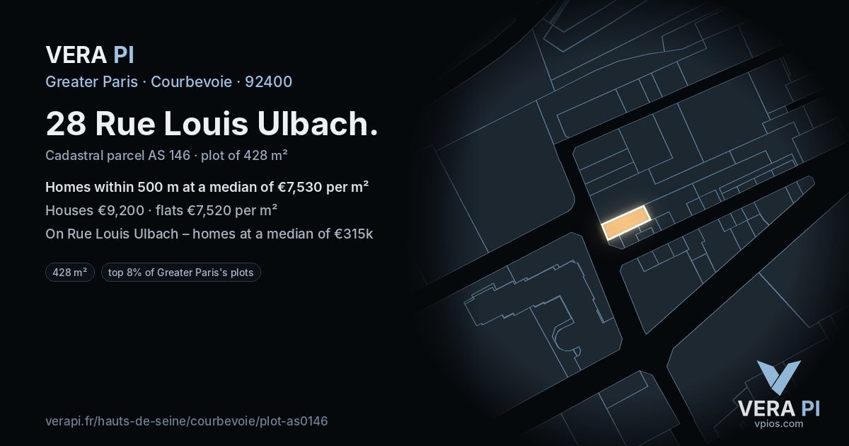 28 Rue Louis Ulbach, Courbevoie at night – the plot lit, the parcels around coloured by the prices near them
