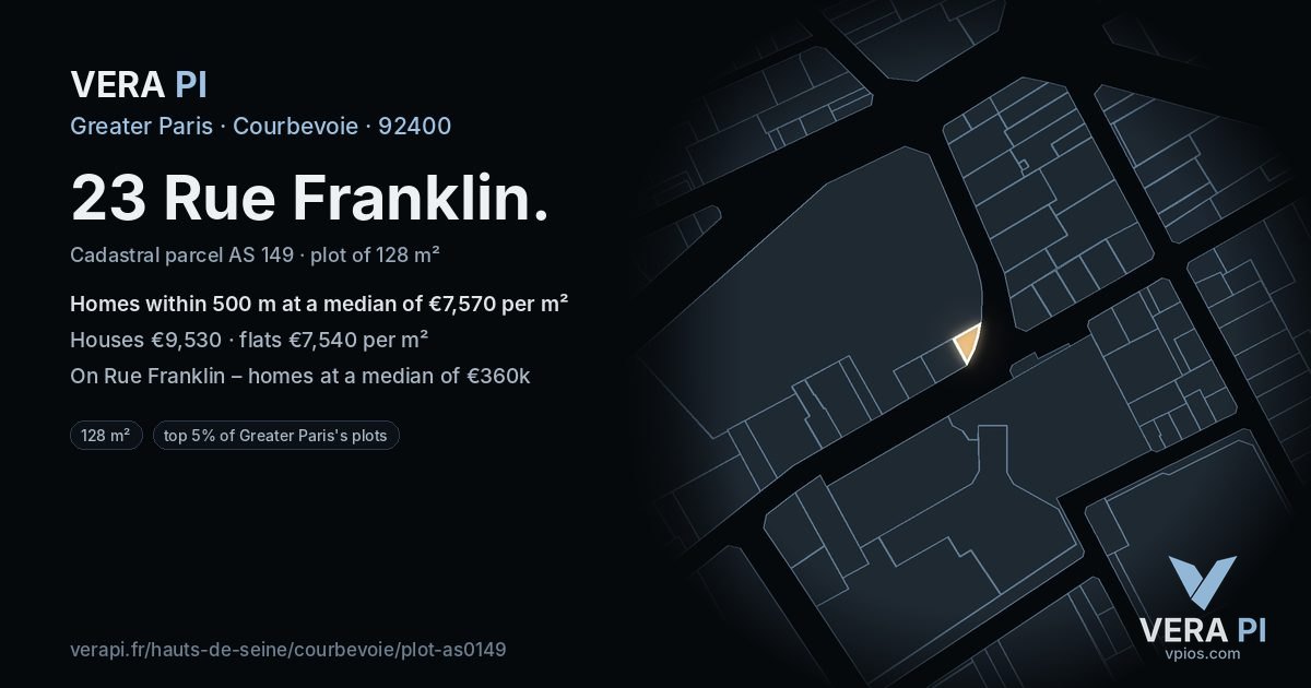 23 Rue Franklin, Courbevoie at night – the plot lit, the parcels around coloured by the prices near them
