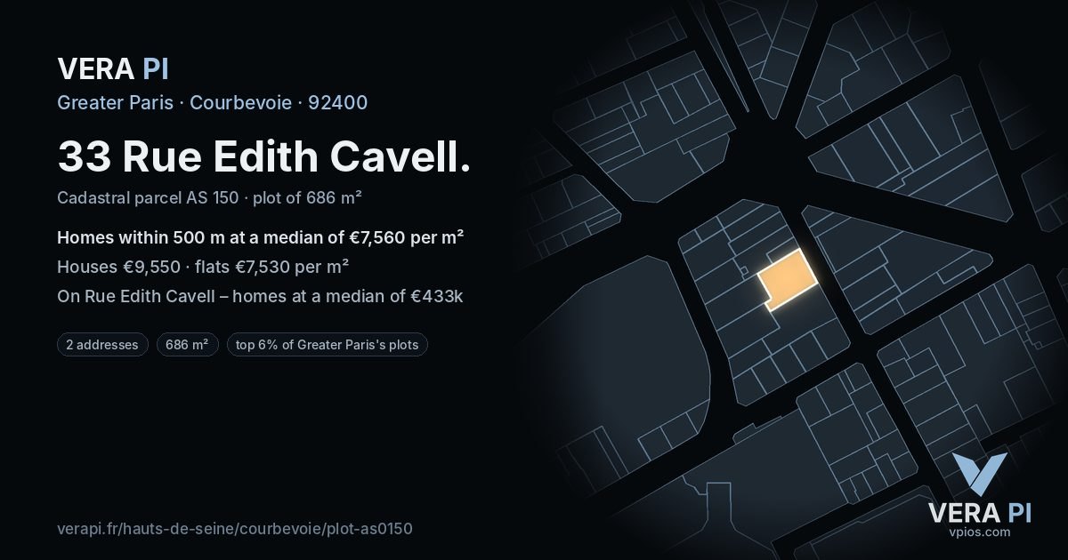 33 Rue Edith Cavell, Courbevoie at night – the plot lit, the parcels around coloured by the prices near them