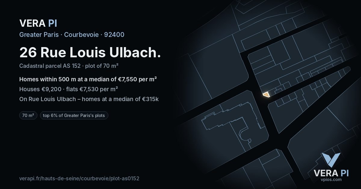 26 Rue Louis Ulbach, Courbevoie at night – the plot lit, the parcels around coloured by the prices near them