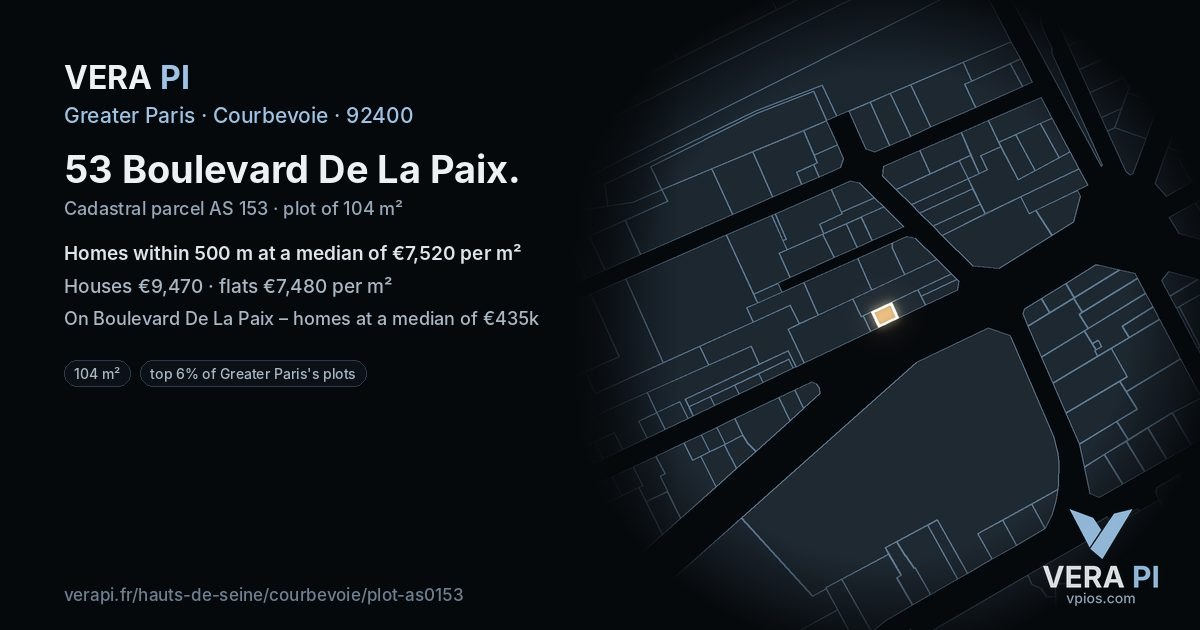 53 Boulevard De La Paix, Courbevoie at night – the plot lit, the parcels around coloured by the prices near them