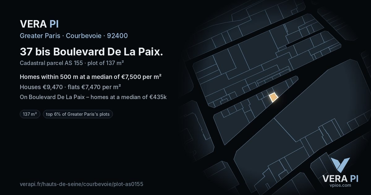 37 bis Boulevard De La Paix, Courbevoie at night – the plot lit, the parcels around coloured by the prices near them