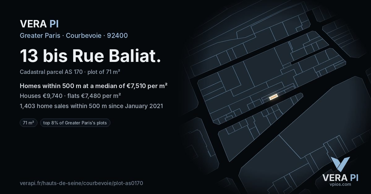 13 bis Rue Baliat, Courbevoie at night – the plot lit, the parcels around coloured by the prices near them