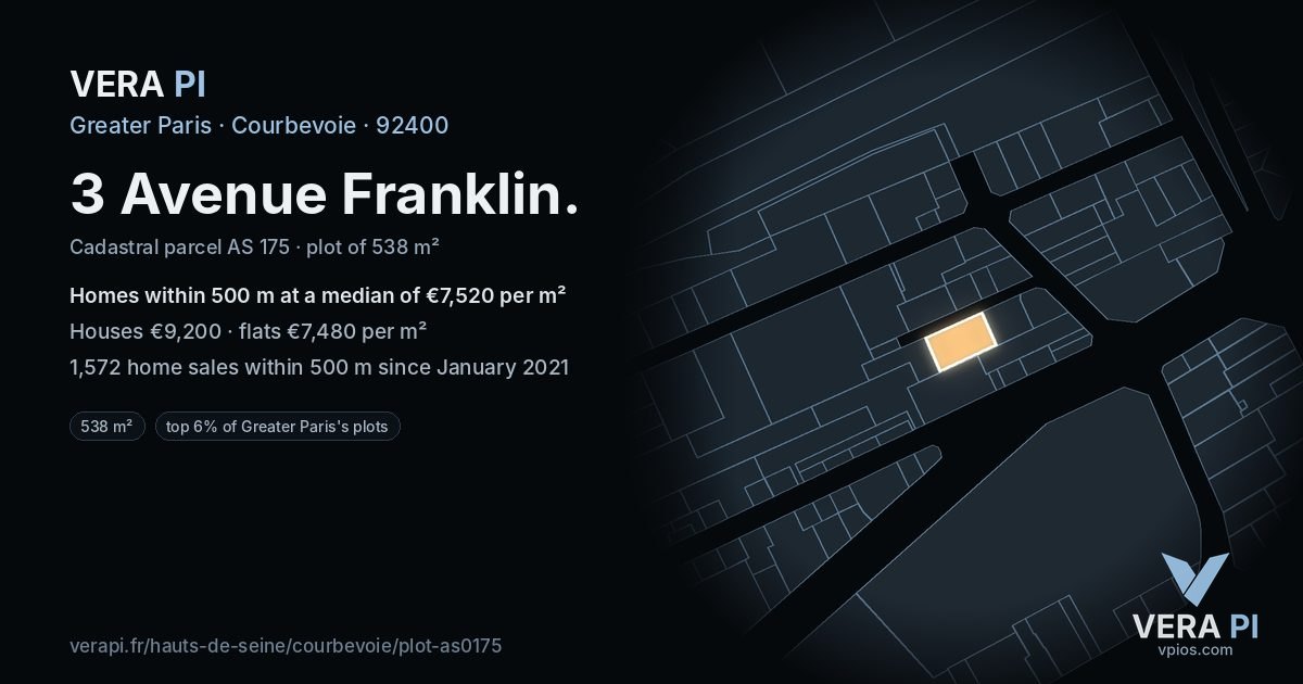 3 Avenue Franklin, Courbevoie at night – the plot lit, the parcels around coloured by the prices near them