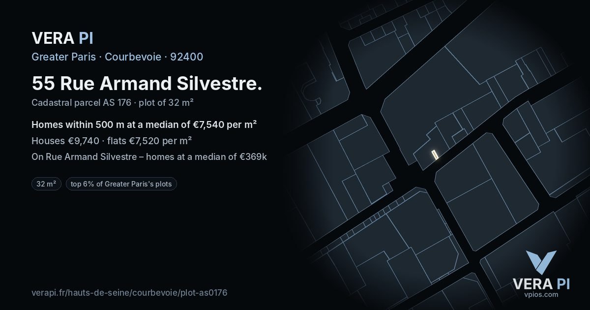 55 Rue Armand Silvestre, Courbevoie at night – the plot lit, the parcels around coloured by the prices near them