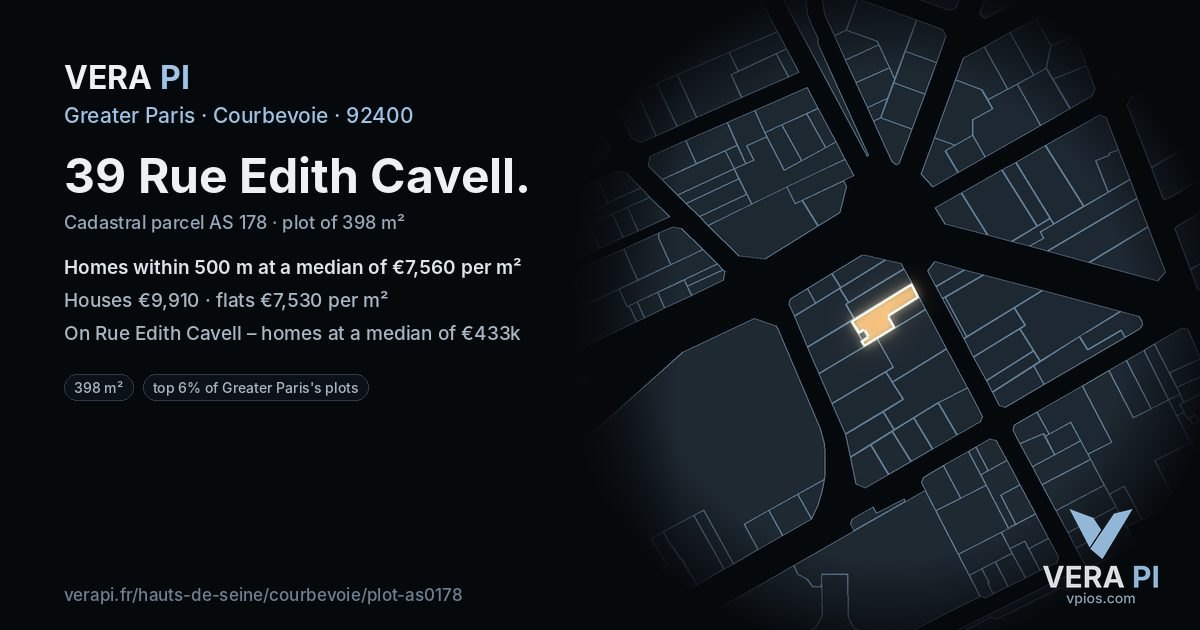 39 Rue Edith Cavell, Courbevoie at night – the plot lit, the parcels around coloured by the prices near them