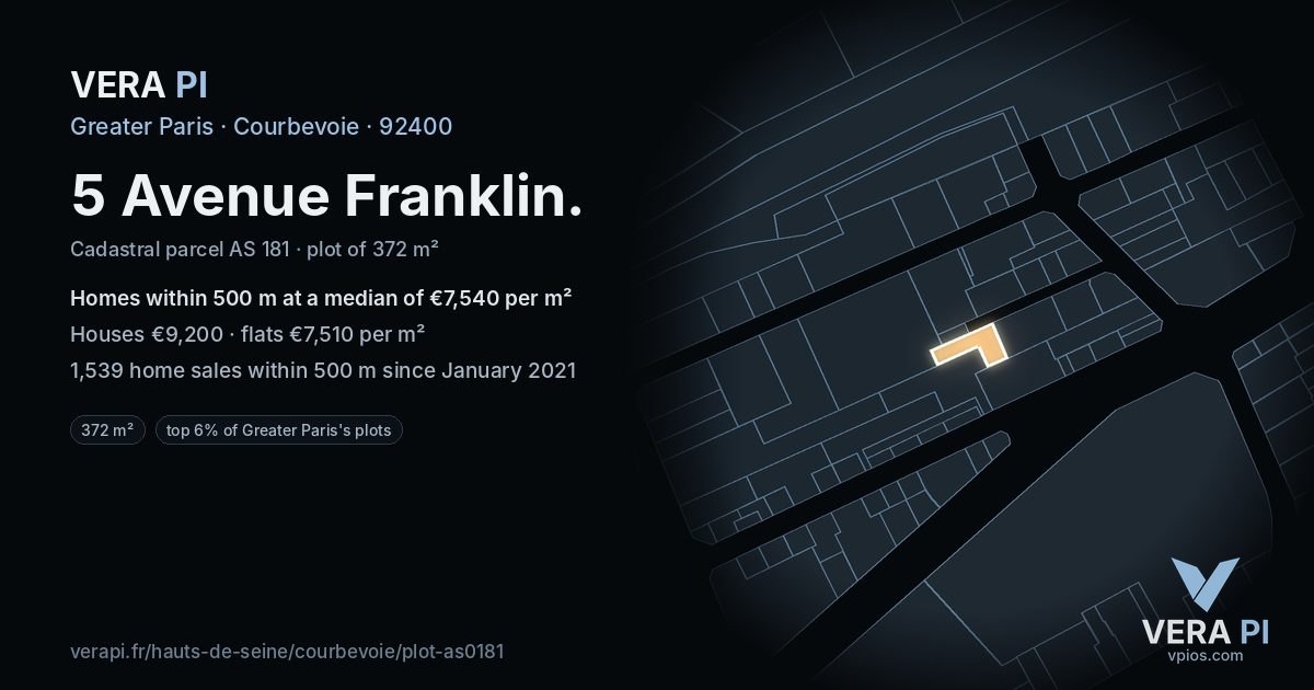 5 Avenue Franklin, Courbevoie at night – the plot lit, the parcels around coloured by the prices near them