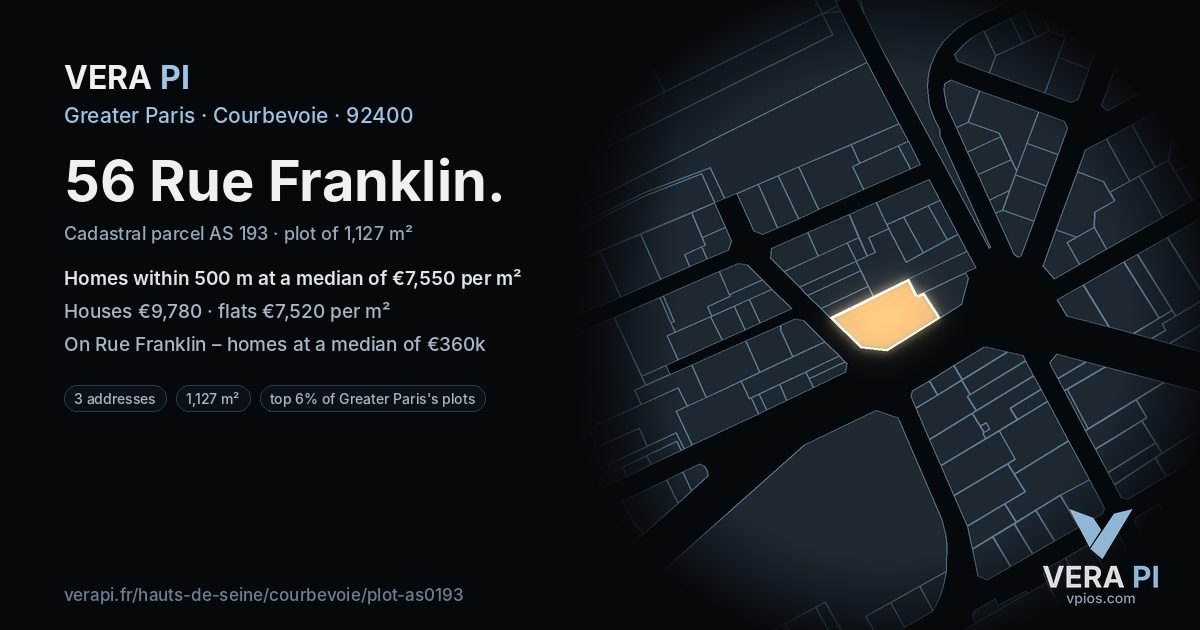 56 Rue Franklin, Courbevoie at night – the plot lit, the parcels around coloured by the prices near them